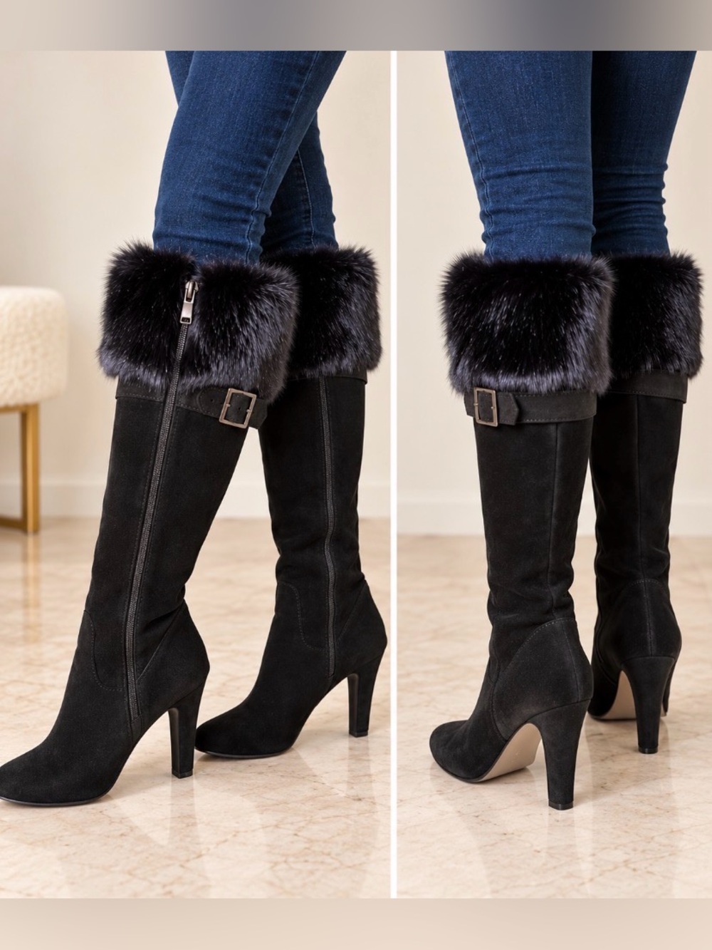 A. Giannetti Italy Black Suede Knee High Boots Genuine Fur Cuff Size 9